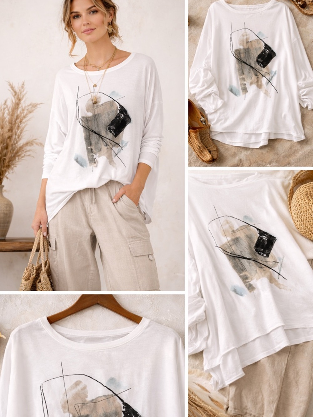 💥SOLD $35💥 Planet By Lauren G Shirt OS White Pima Cotton Graphic Relaxed Dolman